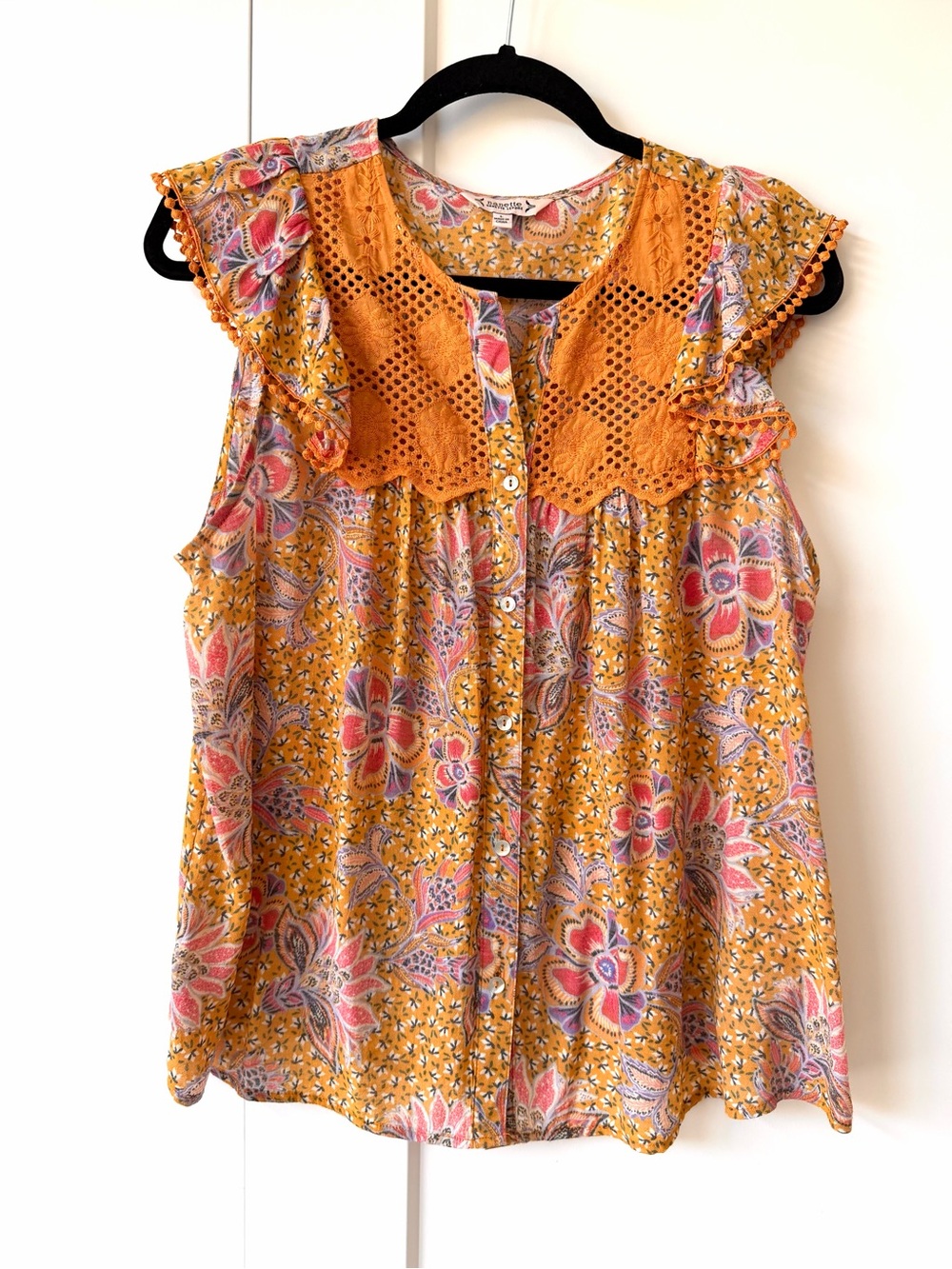 Boho Ruffle Sleeve Button-Front Top - Mustard Floral